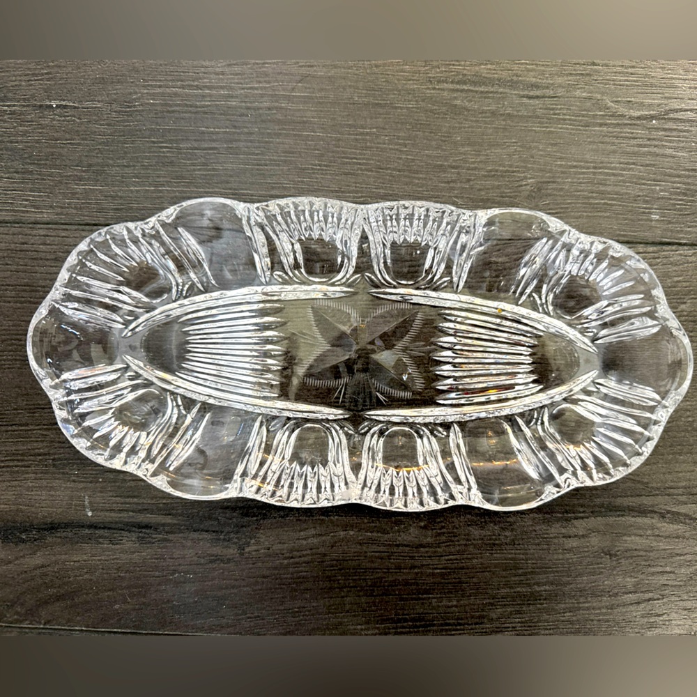 Vintage Lead Crystal Etched Serving Tray Platter Heavy 11”X5.5” MCM DeepCut EAPG